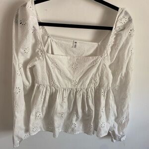BP White Eyelet‎ Cropped Long Sleeve Blouse Boho Western Cottagecore